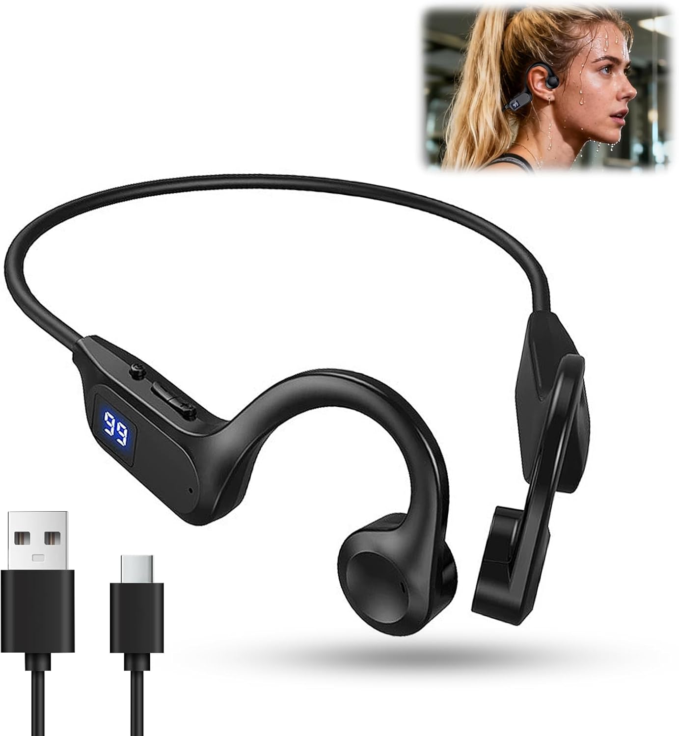 Headphones Condução Óssea Bluetooth 5.3 – Open Ear com MP3 e LCD